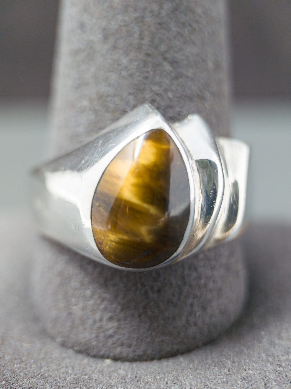 Taxco Mexico Sterling Silver Tiger's Eye Ring, Bold Bezel Set, Size 12